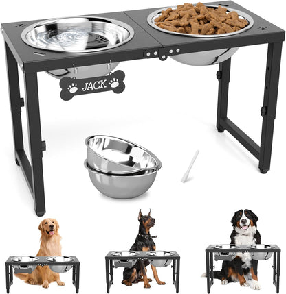 SHAINFUN Metal Elevated Dog Bowls Stand for Large Dogs with Mat & Three 58oz Food Water Bowls, Adjustable Height Raised Dog Bowl Stand