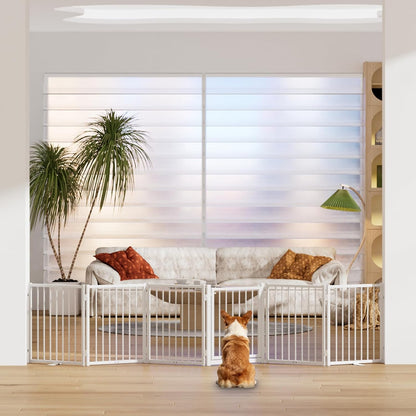 SNUOWU Full Metal Freestanding Dog Gate with Door, 32''Height Foldable Pet Dog Fence for Indoor & Outdoor, 4 Panels Extra Wide Free Standing TallDog Gates for Doorways,House,Stairs,Porch,Deck,Yard