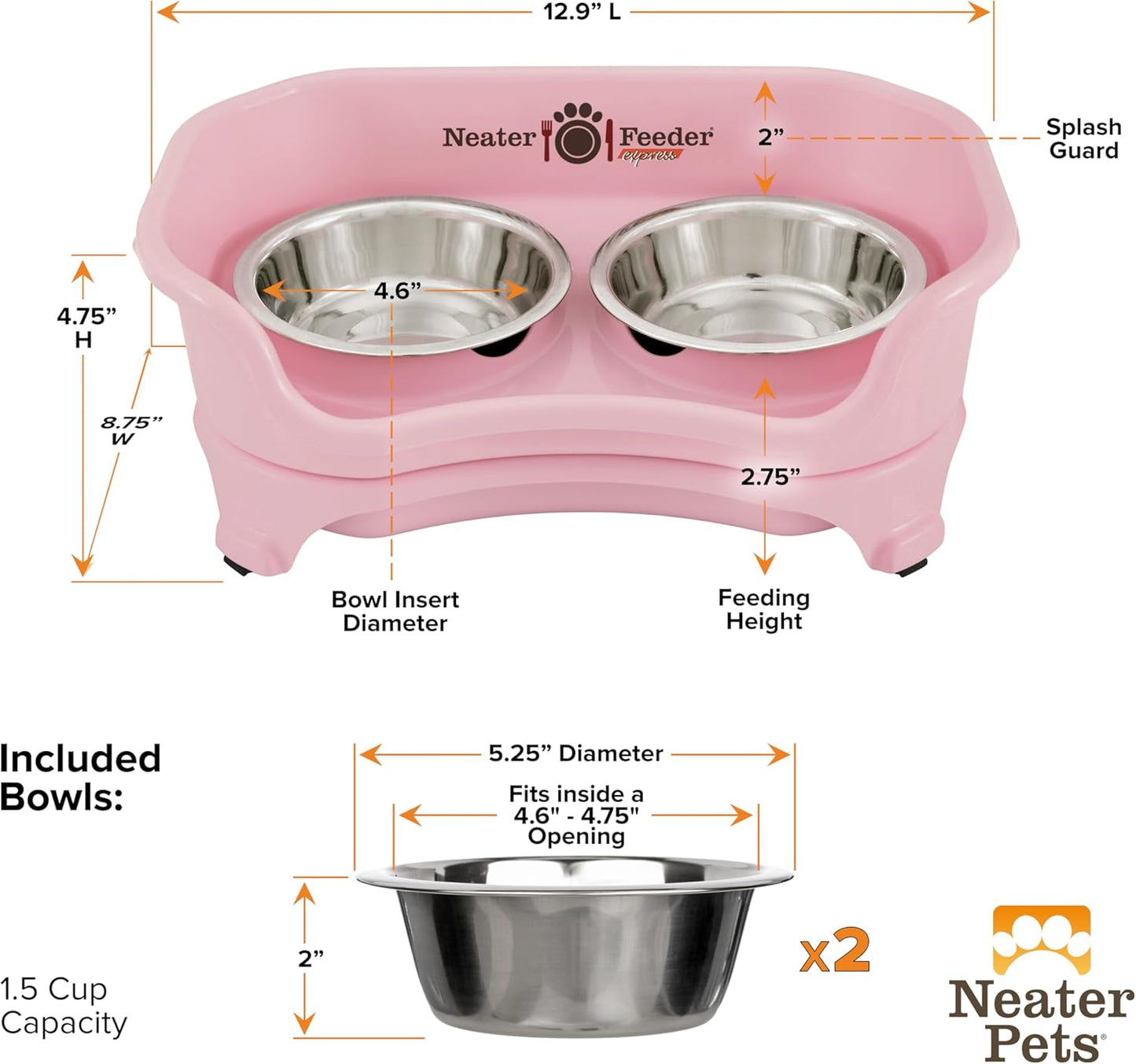 Neater Feeder Express Mess Proof Dog Bowls Elevated for Small Breeds under 15 Lb, Made in USA, No Spill Raised Dog Food Bowl Stand, Stainless Steel Food and Water Bowl Set, Feeding Station, Cappuccino