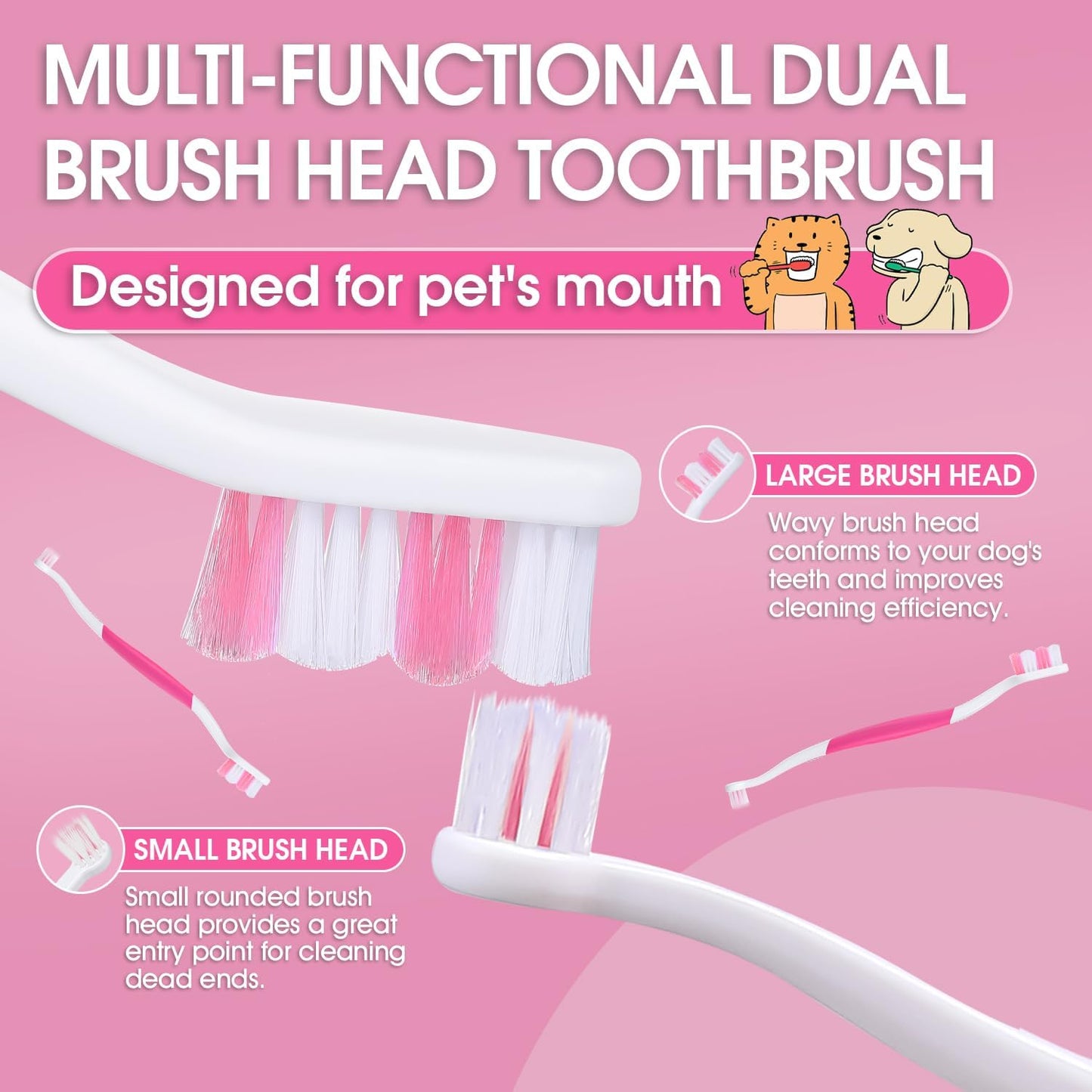 Dog Toothbrush – Newly Upgraded Dual-Head Design with 60° Wavy Bristles – Gently Surrounds Teeth for Deep Cleaning and Plaque Removal – Non-Slip Handle, Ideal for Daily Pet Dental Care (Pink, 1-Pack)