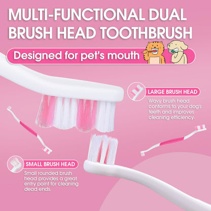 Dog Toothbrush – Newly Upgraded Dual-Head Design with 60° Wavy Bristles – Gently Surrounds Teeth for Deep Cleaning and Plaque Removal – Non-Slip Handle, Ideal for Daily Pet Dental Care (Pink, 1-Pack)