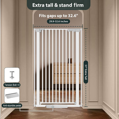 51'' Extra Tall Cat Gate for Doorways 30-40.9'' Wide, Climb Proof Pet Dog Gates for Kitten Dogs, Pressure Mounted No Drilling Cats Fence Barrier White