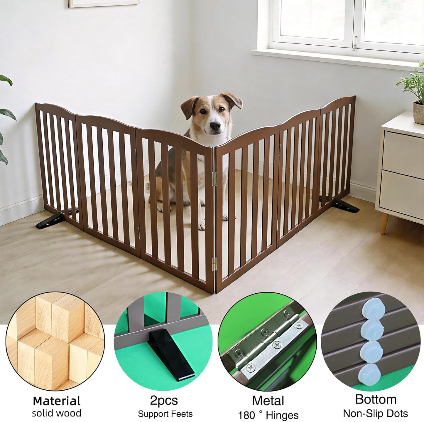 Freestanding Dog Gate Indoor,Doggie Gate Foldable Pet Gates for Doorways,Stairs or Hallways, Wooden Brown Pet Gate for the House, Pet Fence with Support Feet Included,24 "Height-3 Panels