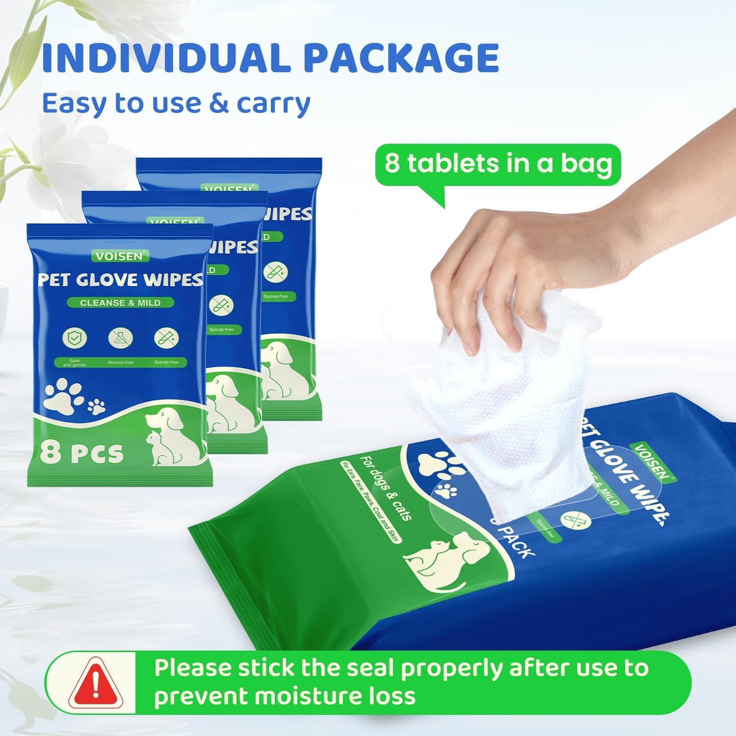 VOISEN 48 Pcs Pet Glove Wipes for Dogs and Cats, Cleaning & Deodorizing Bathing Grooming Wipes,Unscented Thick Nourish Fur Glove Wipes for Pet Dry Cleaning,Daily Care and Travel