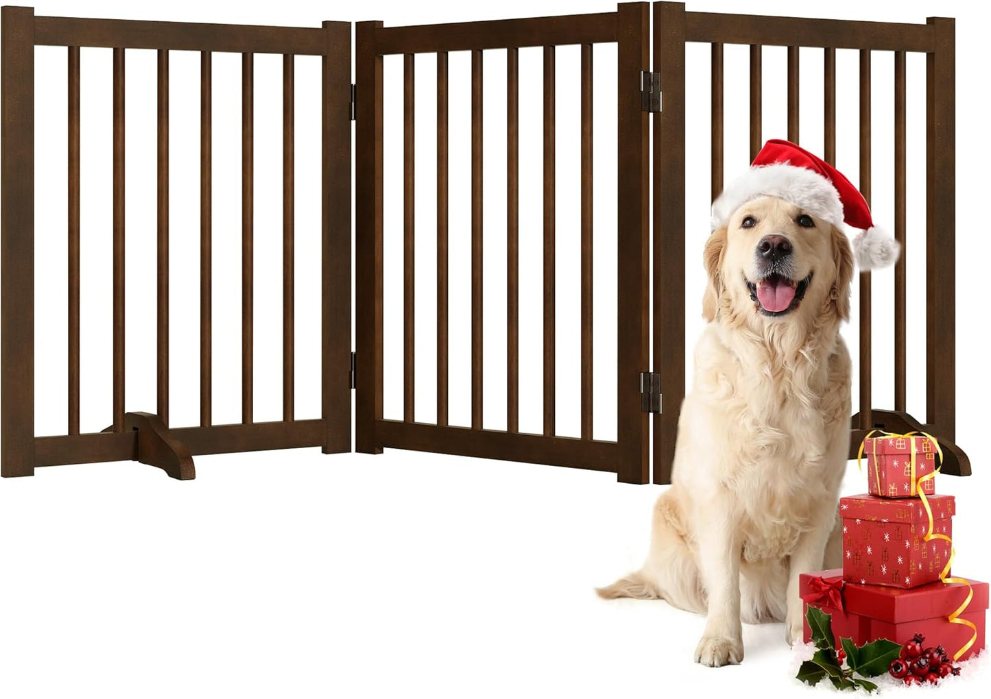 36" H Freestanding Dog Gate, Solid Wood Foldable Pet Gate with Support Feet, Wooden Tall Dog Gate for Doorway, Stairs & Indoor Use, 60" Wide Expandable Pet Fence, 3 Panels, Walnut