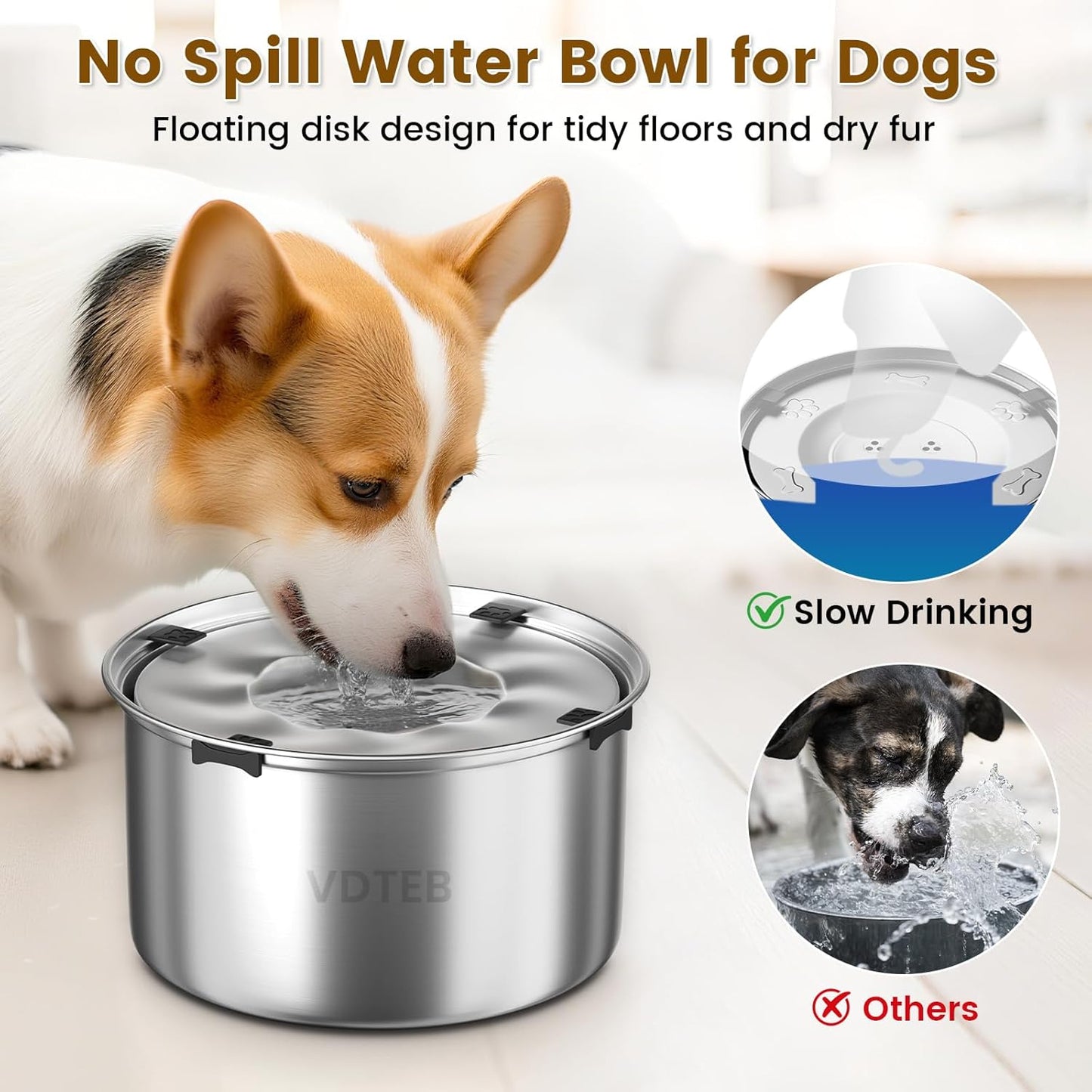 Dog Water Bowl No Spill,3L/101oz Stainless Steel Water Bowl for Dogs, Spill Proof Slow Drinking Dog Water Feeder with Anti-Slip for Medium to Large Messy Drinkers