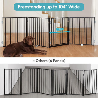 No Pawblems Free Standing Dog Gate with Door, 30'' Tall Foldable Dog Fence for Indoor & Outdoor, Up to 78 Inch Extra Wide Puppy Gate for Stairs, Hallways, Doorways, Deck, Yard (Black, 3 Panels)