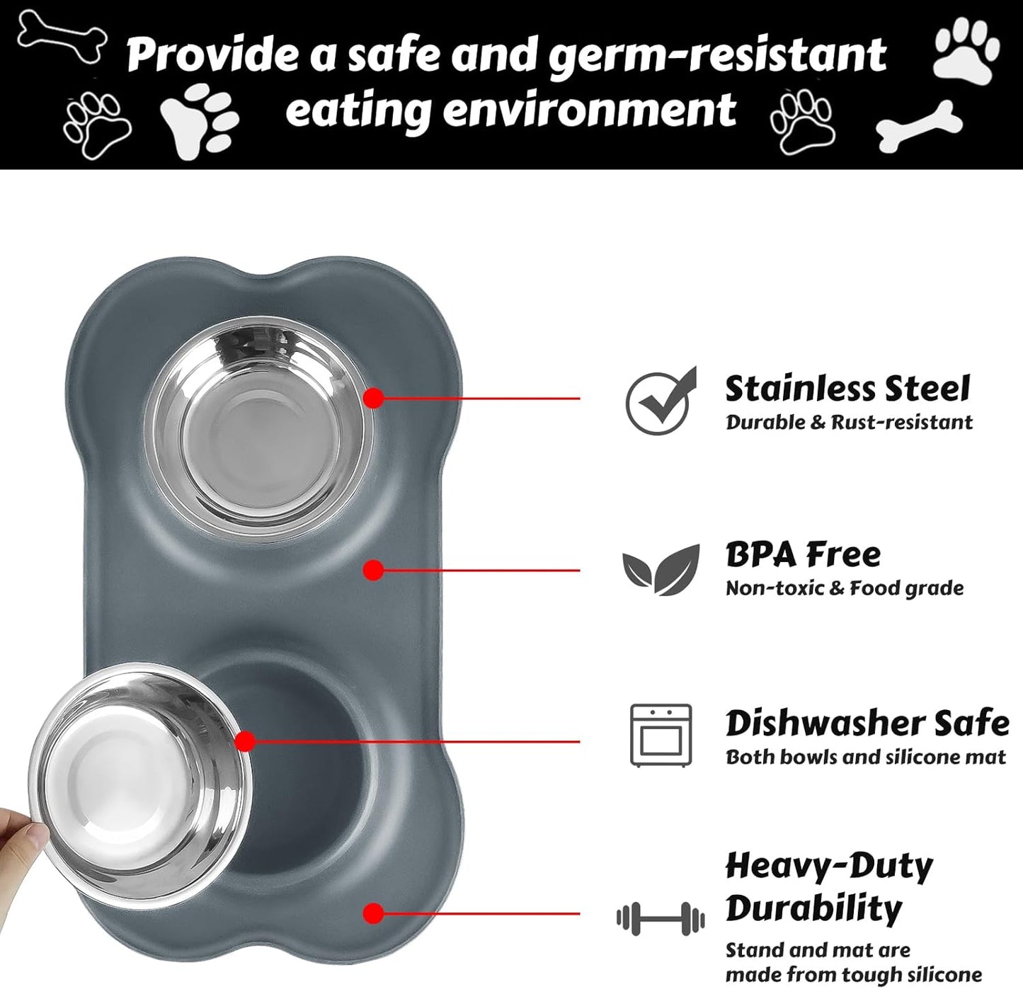 AsFrost Dog Food Bowls Stainless Steel & Water Dish with No-Spill and Non-Skid, Feeder Bowls with Dog Food Dish for Small Medium Large Size,Dogs,Cats,Puppy Pets, Black, 12oz