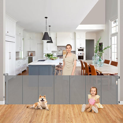 Reinforced 90 Inch Retractable Baby Gates Extra Wide Baby Gate with Reinforced Strips, 7.5ft Long Retractable Dog Gate for The House 33 Inch Tall Extra Long Pet Gates for Wide Openings, Black