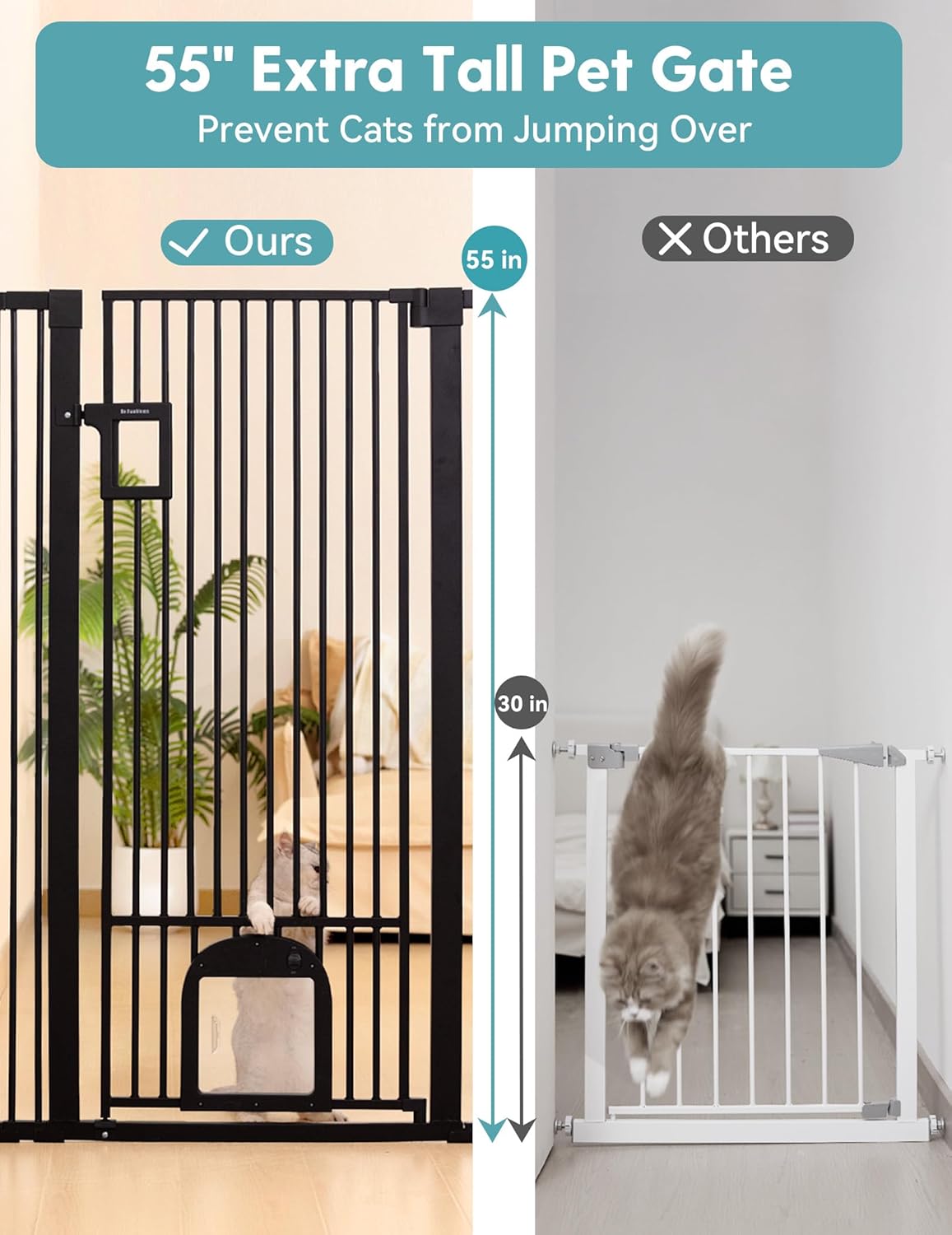No Pawblems 55" Extra Tall Pet Gate for Cat/Dog, 29-40" Wide Auto Close Tall Dog Gate for Doorways/Hallways, 1.37" Ultra Narrow Spacing, NO Drilling Pressure Mounted, Black