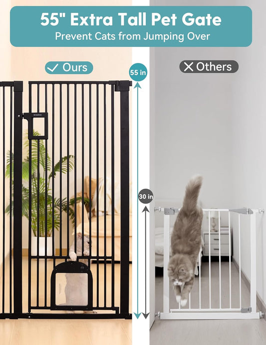 No Pawblems 55" Extra Tall Pet Gate for Cat/Dog, 29-40" Wide Auto Close Tall Dog Gate for Doorways/Hallways, 1.37" Ultra Narrow Spacing, NO Drilling Pressure Mounted, Black