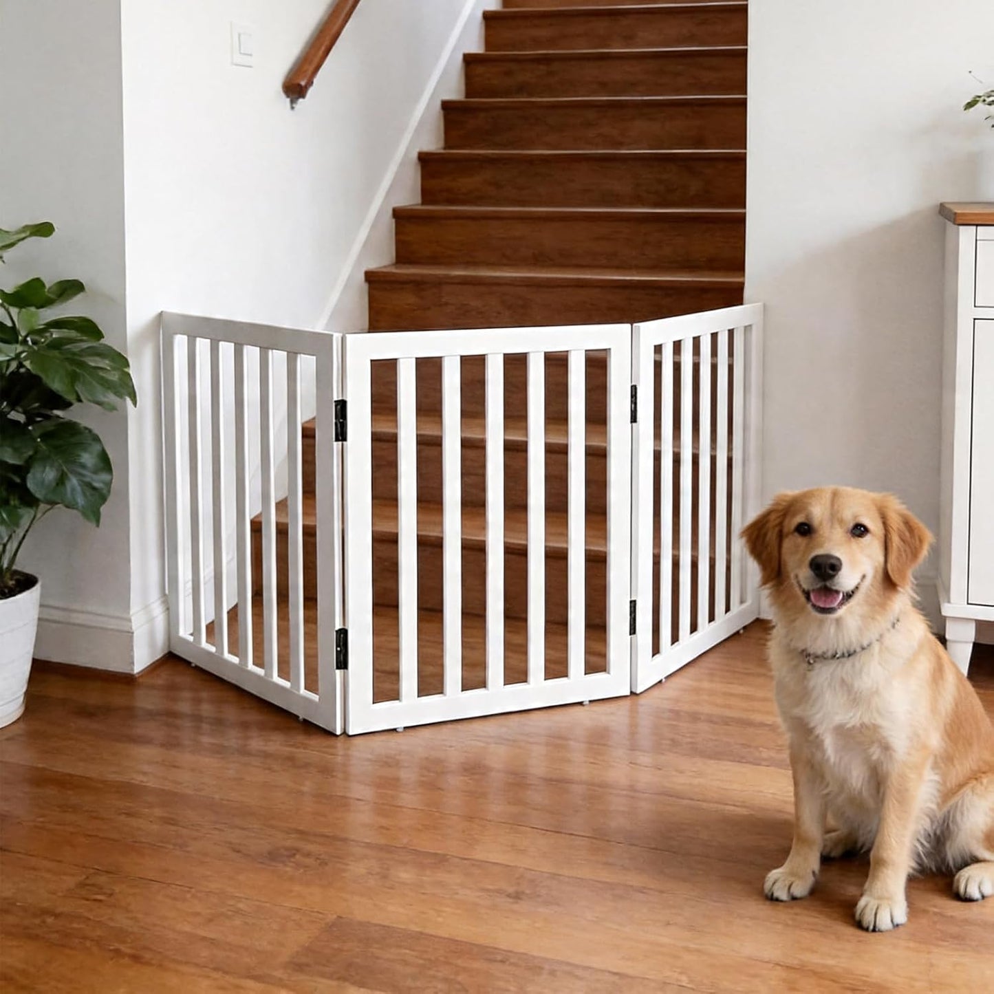 Dog Gate Indoor, Freestanding Dog Fence for The House, Doorways, Hallways,or Stairs,Pet Gate Foldable Wooden,Expandable 24" Height 3 Panels,White