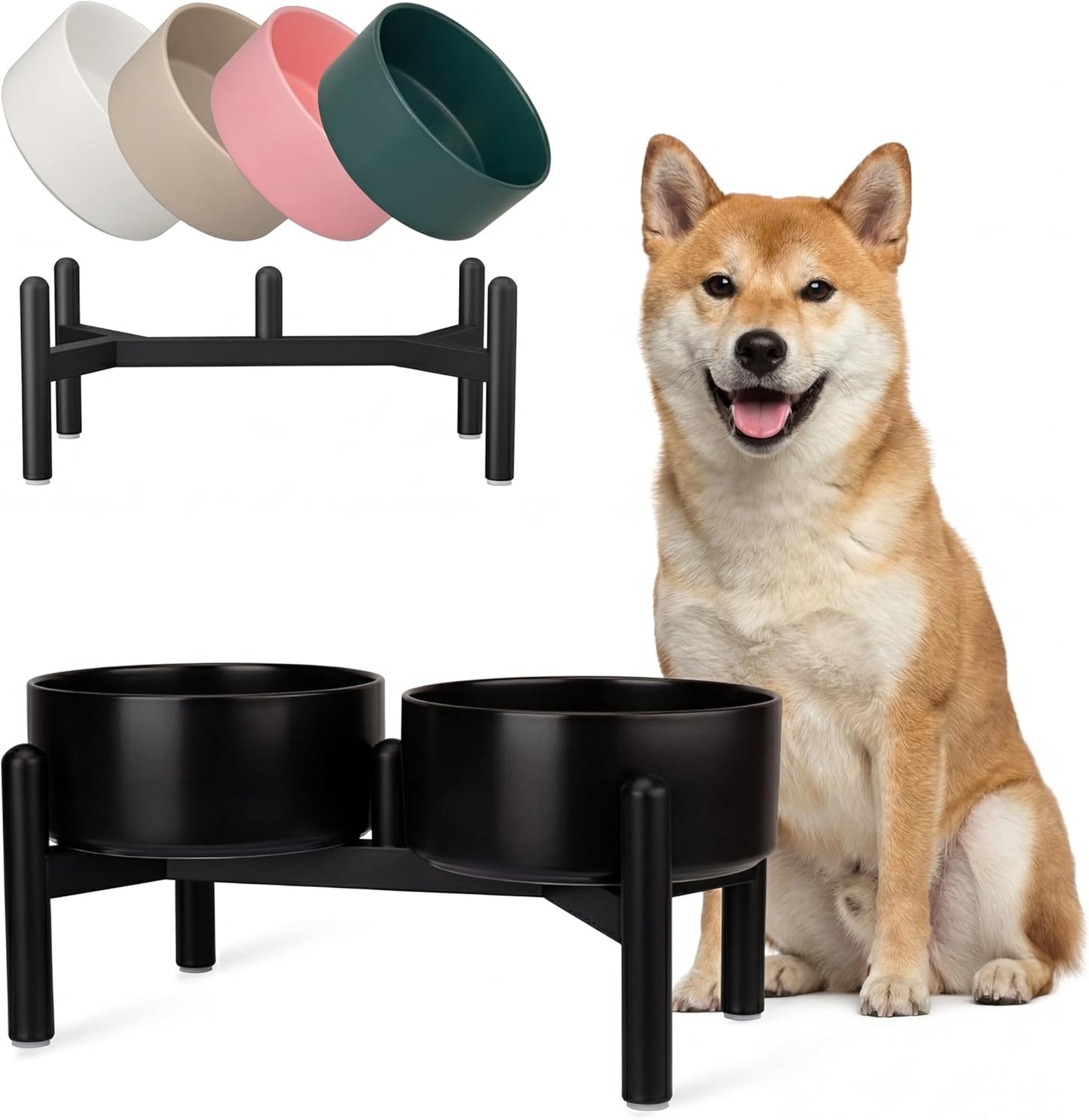 Raised Ceramic Dog Bowl Set - Elevated Double Dishes with Stainless Steel Stand - Food and Water Bowls for Small to Medium Dogs - Each Holds 3.5 Cups (29.57 fl oz) - White