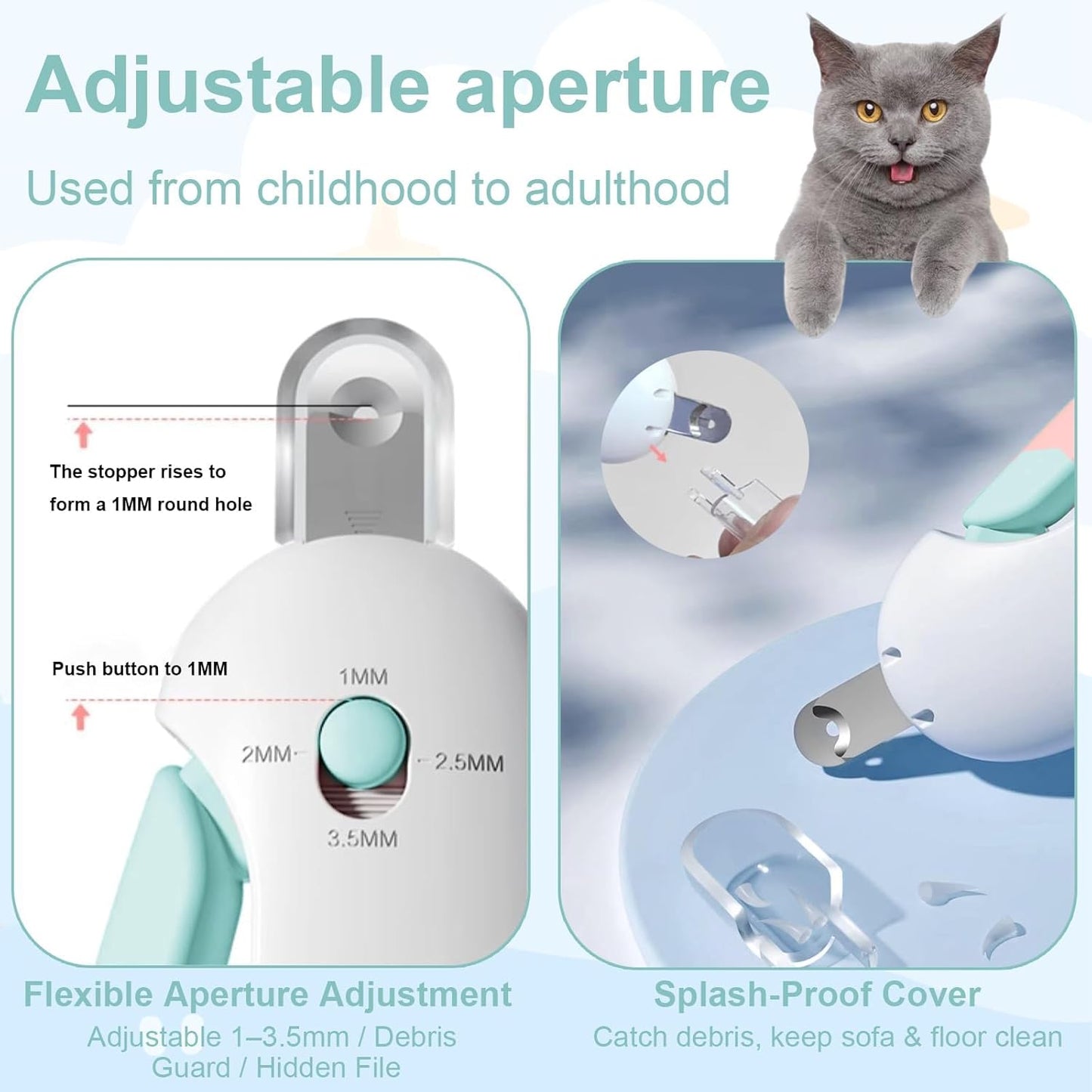 Cat Nail Clipper and Trimmer with 3 Adjustable Safety Levels Trimming Hole, Professional Indoor Kitten Supplies, Puppy Grooming Tools, with Debris Catcher & Hidden Nail File Blue