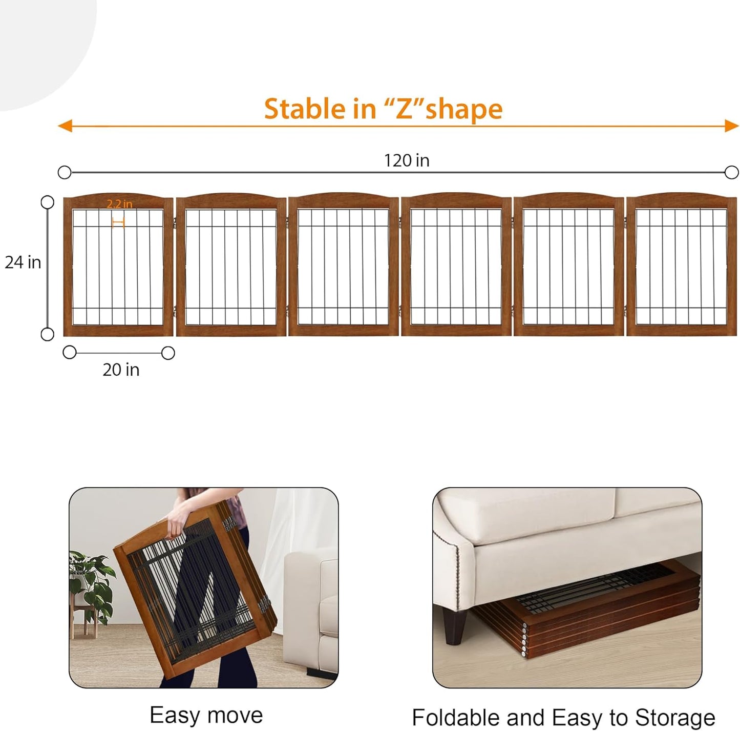 LZRS 2-Panel Freestanding Foldable Wood Dog Gate – Solid Wood & Steel Wire, Chew-Resistant Pet Barrier for Indoor Use, Ideal for Small to Medium Dogs, White