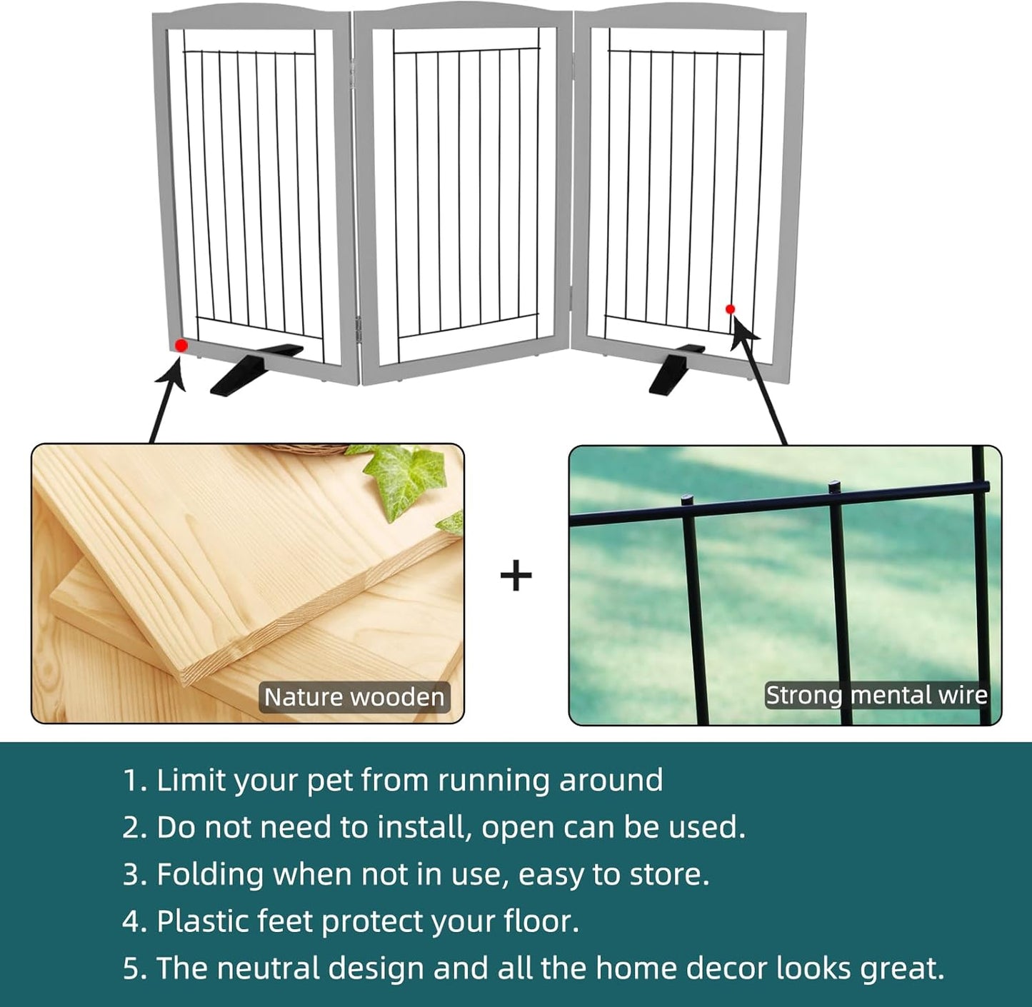 ZJSF Freestanding Dog Fence Indoor, Foldable Dog Gate for Doorways, Stairs or Hallways, Sturdy Wood Extra Wide Pet Gate with Support Feet for The House, White, 24 "Height-3 Panels