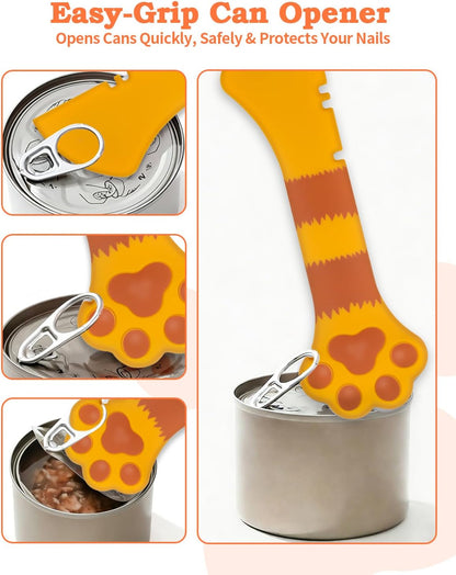 6 PCS Cat Food Can Covers Set, Reusable Silicone Can Lids with Opener, Stainless Steel Wet Food Spoon & Cat Treat Squeezer for Pet Feeding and Storage, Fits Cats & Dogs
