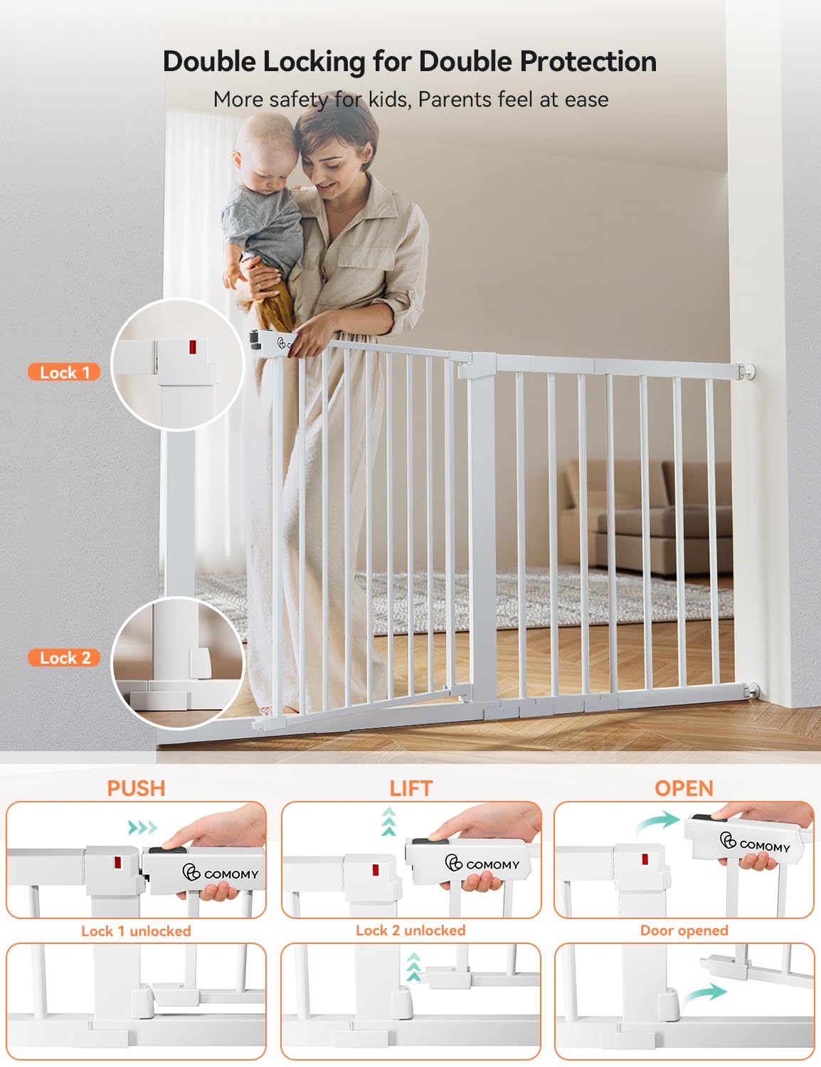 COMOMY 36" Extra Tall Baby Gate for Stairs and Doorways - Fits 29.5" to 48.8" Wide Openings, Auto Close Extra Wide Dog Gate for House, Pressure Mounted Easy Walk Through Pet With Door, Black