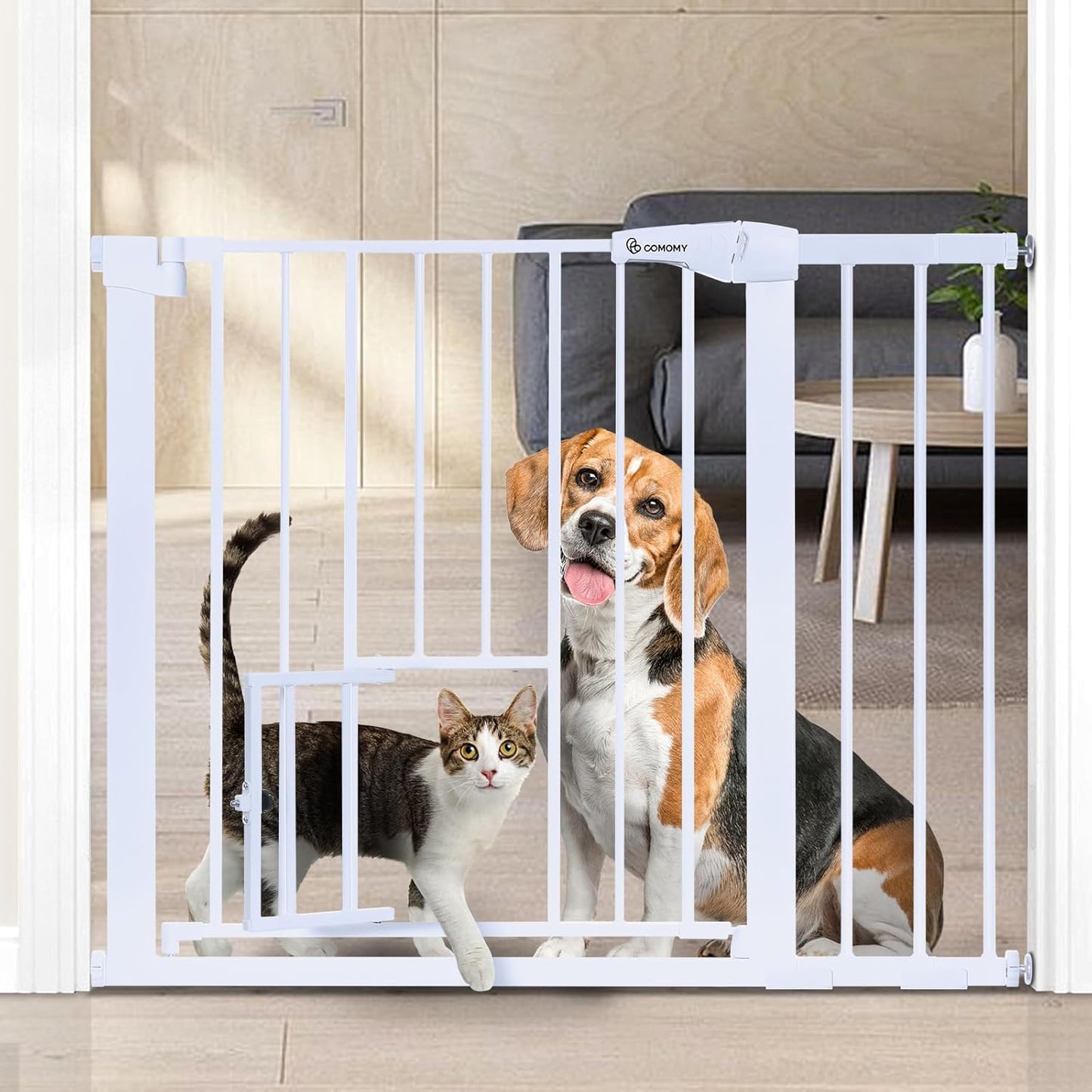COMOMY Auto Close Baby Gate with Cat Door, 29.5"-40.5" Extra Wide Dog Gate for House Doorways Stairs, Pressure Mounted Easy Walk Thru Pet Gate, Includes 4 Wall Cups and 2 Extension Pieces, Black