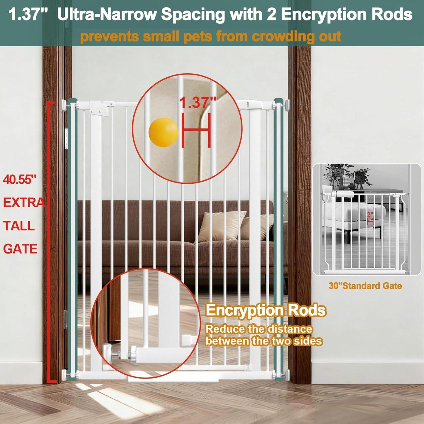 AiWMGL 40.55" Tall, 53.74-61.61 Inch Wide, 1.37" Ultra Narrow Spacing Dog Pet Baby Gate Indoor for Doorway Hallway, Pressure Mounted 54 55 56 57 58 59 60 61 Inches Wide