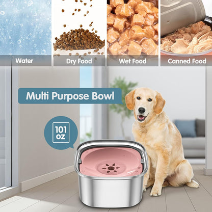 UPSKY 3L Dog Water Bowl 101oz Stainless Steel No Spill Large Capacity Dog Food Water Bowl Slow Water Feeder, Spill Proof Pet Water Dispenser Vehicle Carried Travel Water Bowl