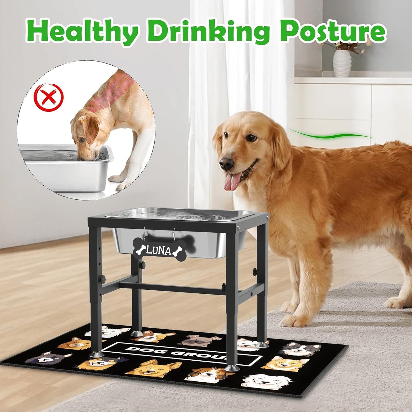 ADENGL 1.6 Gallon Elevated Dog Water Bowl for Large Dogs, 4-Height Adjustable (13–18'') Raised Stainless Steel Bowl with Spill-Proof Mat & Sturdy Metal Stand, Easy-Clean Feeder for Indoor/Outdoor Use