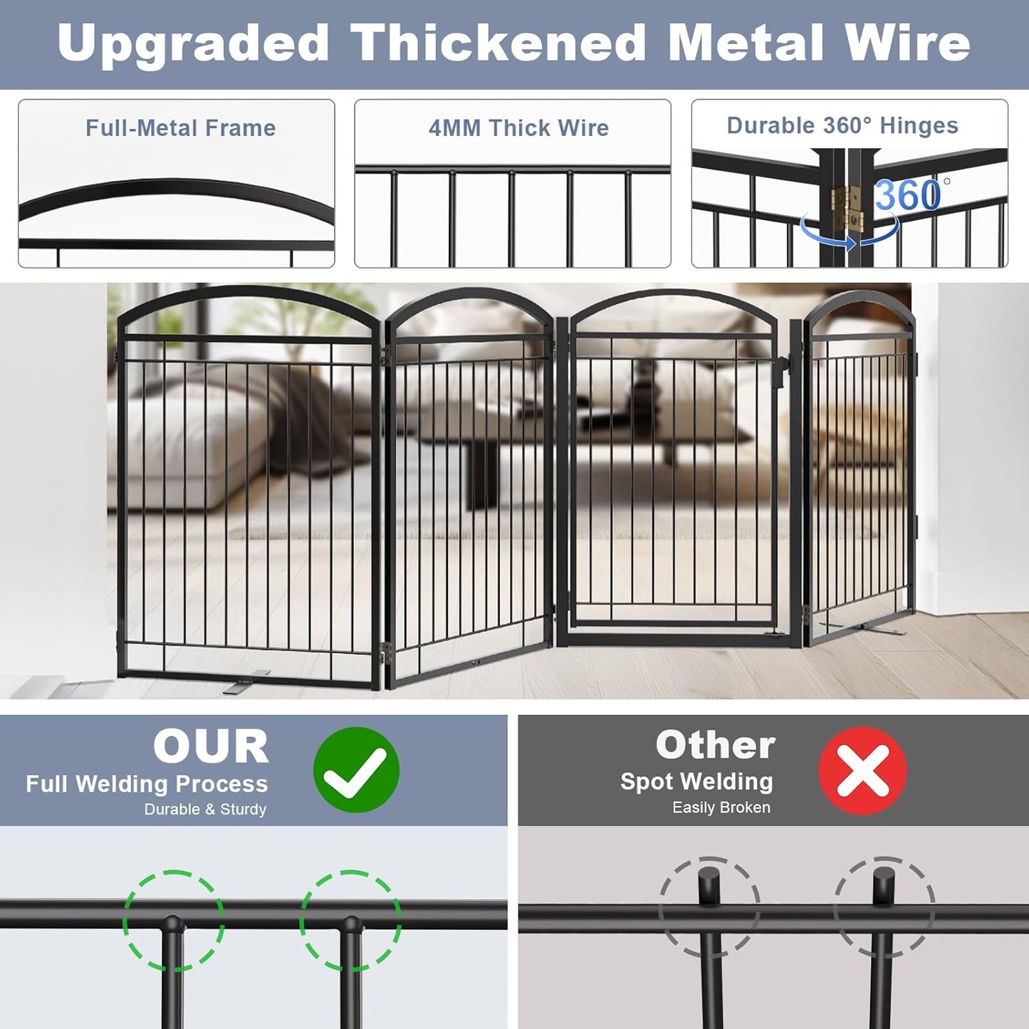 Full Metal Free Standing Dog Gate with Door for Indoor & Outdoor,96'' Extra Wide 32'' Tall Dog Gate for The Doorways,Large Openings,Decks,Porch,Pet Freestanding Safety Fence(4 Panels,Black)