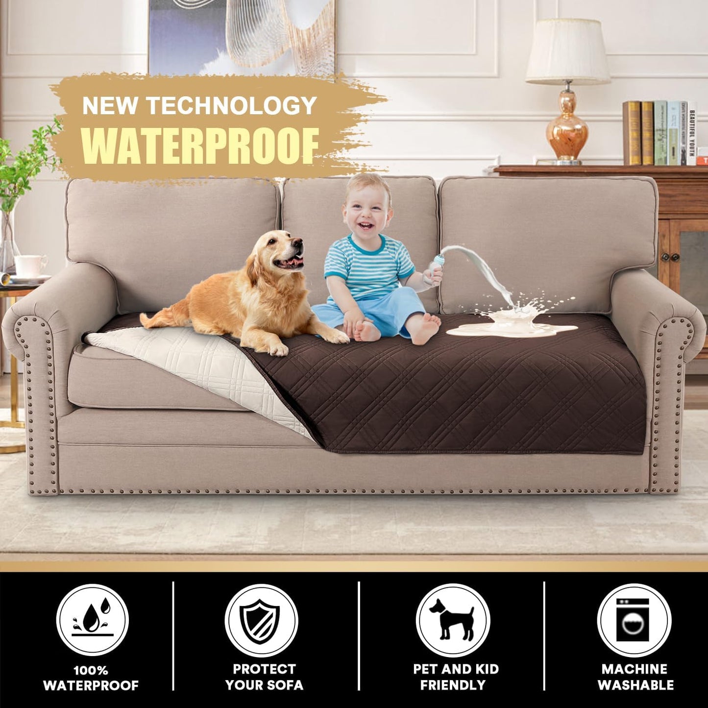 PrinceDeco 100% Waterproof Couch Cover for 3 Cushion Couch Sofa Pet Friendly Non-Slip Couch Cover for Dogs Washable Water Resistant Furniture Protector with Elastic Straps(Sofa 68", French Oak)