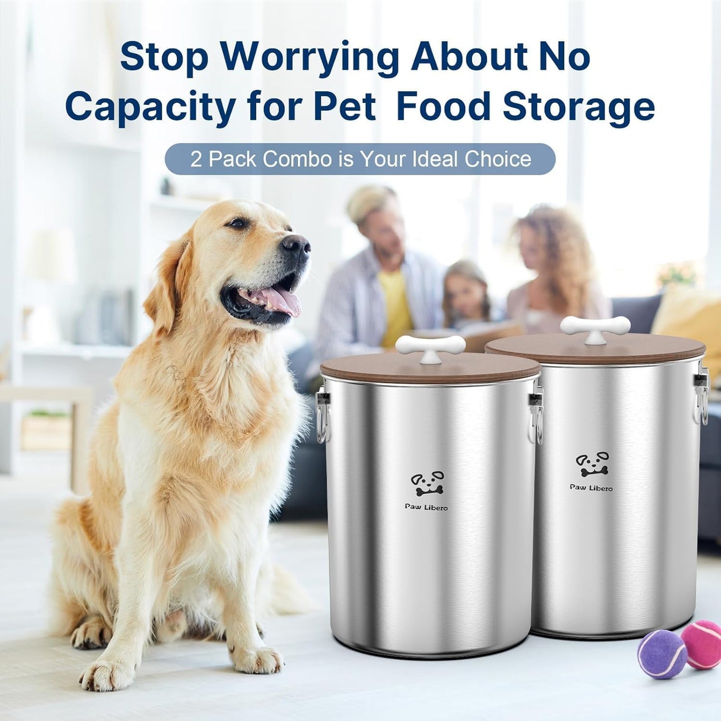 Paw Libero 25 Lbs Stainless Steel Dog Food Storage Container with Airtight Wooden Lid & Ceramic Bone Handle, Large Metal Dog Food Bin for Dogs & Cats, Keep Fresh, Easy to Clean