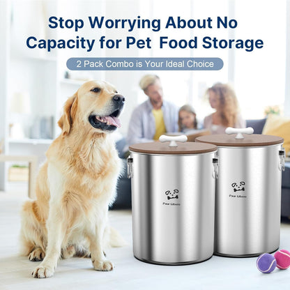Paw Libero 25 Lbs Stainless Steel Dog Food Storage Container with Airtight Wooden Lid & Ceramic Bone Handle, Large Metal Dog Food Bin for Dogs & Cats, Keep Fresh, Easy to Clean