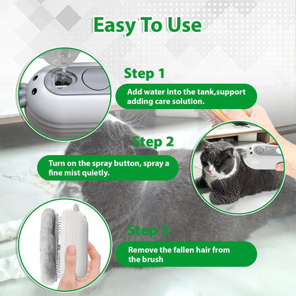 Double-Sided Pet Deshedding Dematting Comb & Steam Brush with 2 Spray Levels, Extra-Wide Detangling Undercoat Rake for Long-Hair Dogs & Cats Matted Fur, Knots, Rechargeable Grooming & Massage Tool