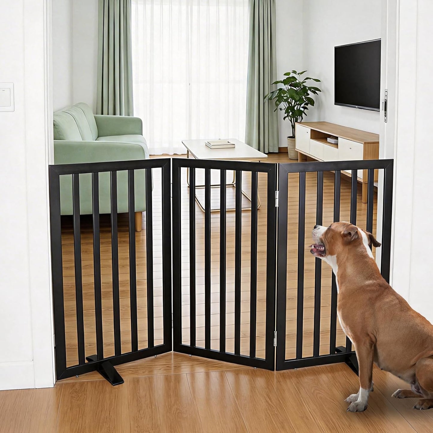 ZJSF Freestanding Indoor Dog Gate for House Foldable Wood Puppy Gate for Doorways Pet Gate for Stairs Extra Wide Pet Fence, Brown, 24" Height 3 Panels