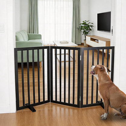 ZJSF Freestanding Indoor Dog Gate for House Foldable Wood Puppy Gate for Doorways Pet Gate for Stairs Extra Wide Pet Fence, Brown, 24" Height 3 Panels