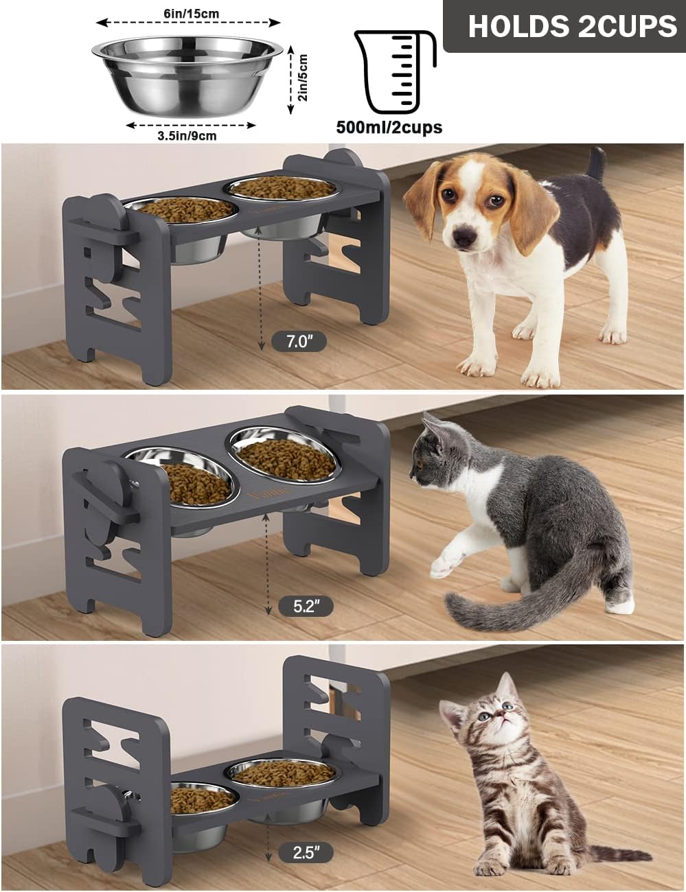 Vantic Elevated Dog Bowls, Adjustable Raised Dog Bowl Stand for Small Puppy and Cats, Sturdy Bamboo Pet Food Feeder with 2 Stainless Steel Dishes, Natural