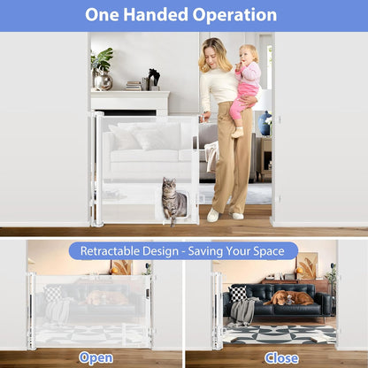 Retractable Baby Gates with Door 55" Wide Retractable Dog Gate with Pet Door Outdoor Retractable Gate for Dogs Mesh Baby Gate Retractable Pet Gate with Cat Door Retractable Child Gates for Doorways