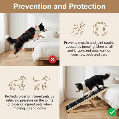 Dog Ramp for Bed, 43.5" Long Wooden Foldable Dog Ramp, 6 Adjustable Heights from 14" to 26" with Anti-Slip Traction Mat, Portable Pet Ramp for Car, Bed, Couch, Max 200lbs - 43.5inch