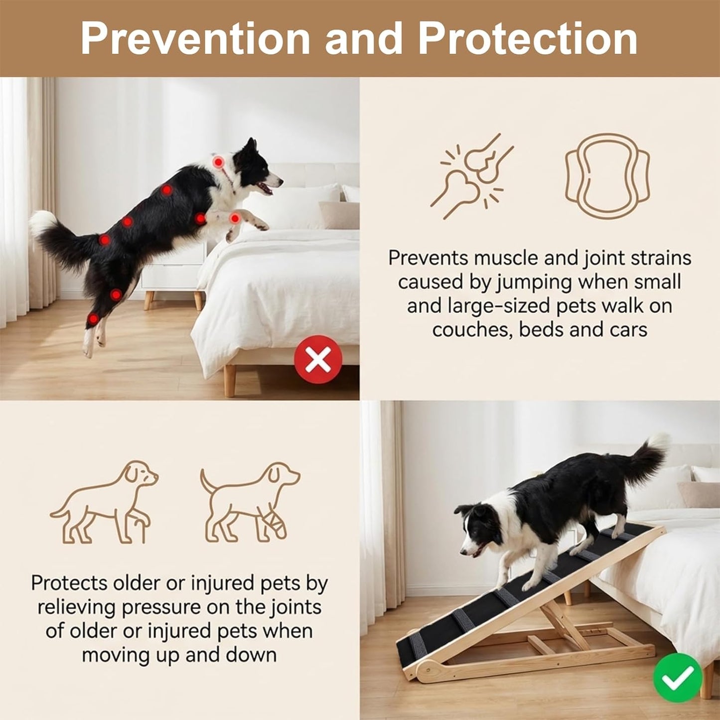 Dog Ramp for Bed, for Couch, 47.24" Long Wooden Pet Ramp for Small & Large Dogs to Get on Bed Couch Car Up to 200LBS, 4 Adjustable Heights (13.7"-24.6"), Foldable Dog Bed Ramp with Anti-Slip Surface