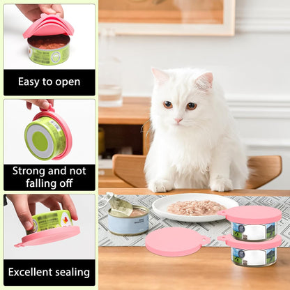 PINE & LINEN 4 Pcs 2.5inch Durable Pet Can Lids, Silicone Small Pet Can Covers Waterproof Cat Food Cans Lids for 3 oz Cat Food Cans（Yellow+Red+Pink+Blue）