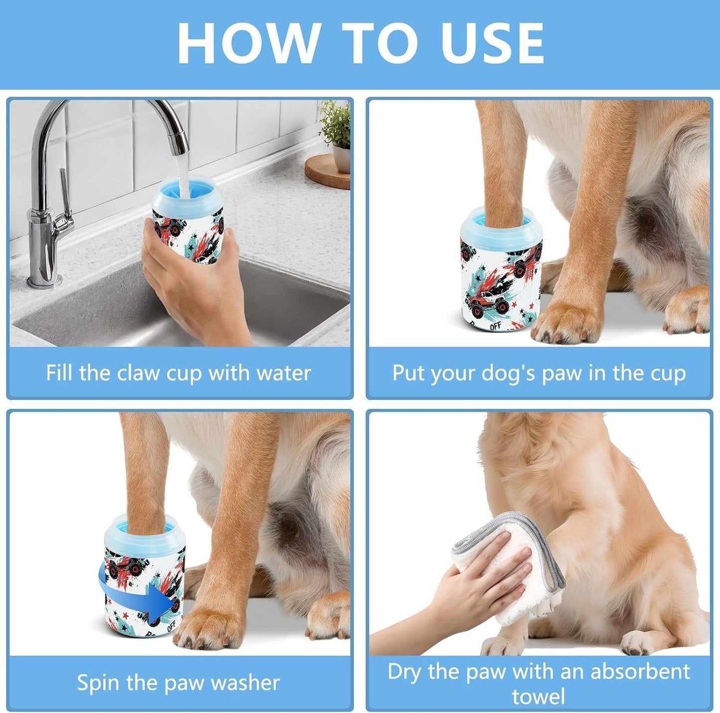 Monster Truck White Print Dog Paw Cleaner Cup with Soft Silicone Brush, Portable Lightweight Small Muddy Paw Washer for Dogs, Easy to Use Pet Foot Cleaner