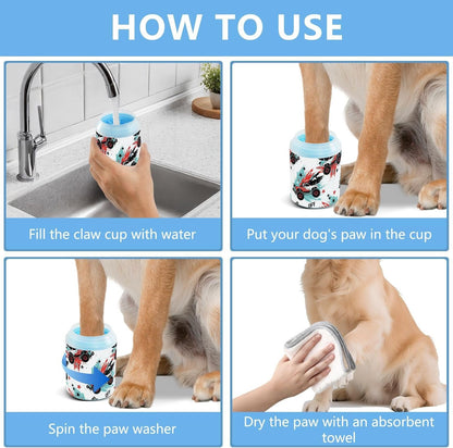 Monster Truck White Print Dog Paw Cleaner Cup with Soft Silicone Brush, Portable Lightweight Small Muddy Paw Washer for Dogs, Easy to Use Pet Foot Cleaner