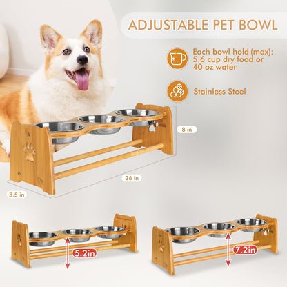 X-ZONE PET Elevated Dog Bowls for Cats and Dogs, Adjustable Bamboo Raised Dog Bowls for Small Dog, Food and Water Set Stand Feeder with 2 Stainless Steel Bowls and Anti Slip Feet (Height 4" to 4.5")