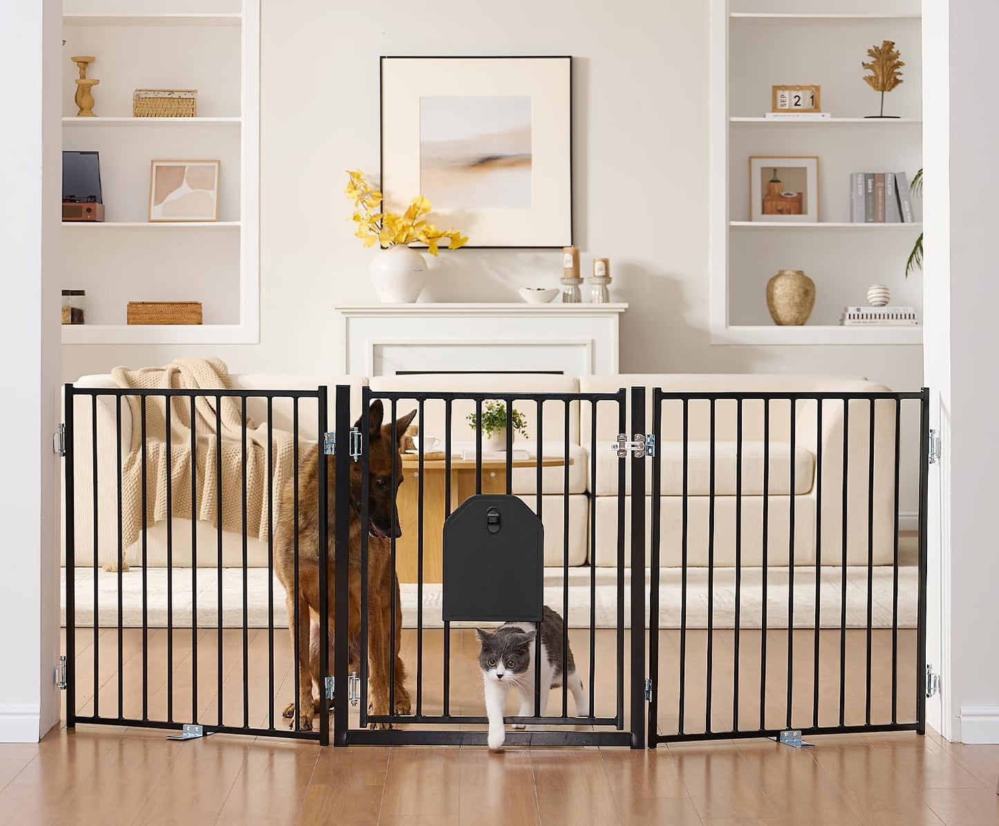 No Pawblems Dog Gate with Cat Door, Free Standing 30'' Tall Foldable Dog Fence for Indoor & Outdoor, Up to 156 Inch Extra Wide Puppy Gate for Stairs, Hallways, Doorways, Deck, Yard (Black, 6 Panels)