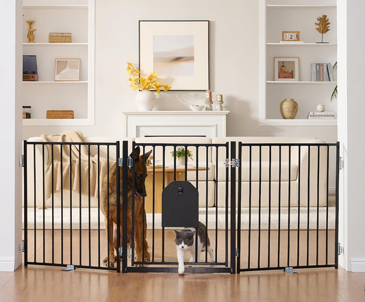 No Pawblems Dog Gate with Cat Door, Free Standing 30'' Tall Foldable Dog Fence for Indoor & Outdoor, Up to 156 Inch Extra Wide Puppy Gate for Stairs, Hallways, Doorways, Deck, Yard (Black, 6 Panels)
