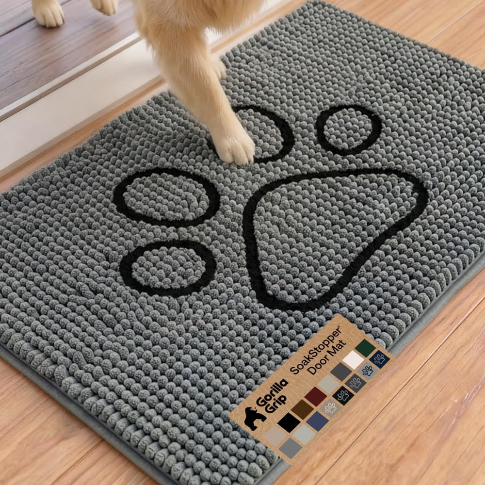 GORILLA GRIP SoakSTOPPER Dog Door Mat, 30x20 Machine Washable Rug Absorbent Doormat Captures Moisture Mud Dirt, Quick Dry Soft Chenille Entryway Rugs Indoor Entrance Mats for Dog Paws, Paw Grey