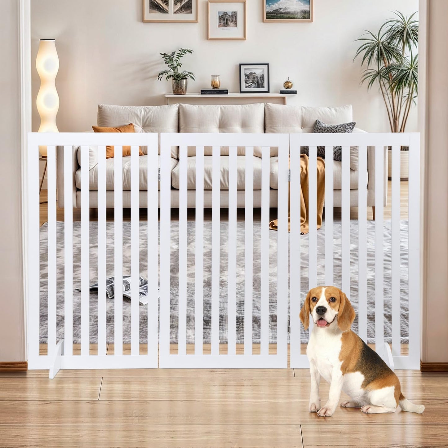 Nouva 36" H Pet Gate, 3 Panels Indoor Foldable Dog Fence, Dog Gate for Stairs Doorways, Hardwood Pet Gate, Freestanding Pet Fence, White