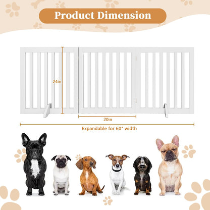 PUPETPO 24”H Freestanding Wooden Pet Gate, Dog Gate for Stairs, Doorways, and Hallways, Step Over Foldable Pet Fence for Indoor Use, Support Feet Included, 60 inch Wide 3 Panels, Grey