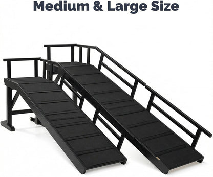 Dog Ramp for Bed or Couch, Wooden Pet Ramp with 20° Gentle Slope, Removable Side Rails, Non-Slip Surface, Top Platform & Wheels, Safe Bed Ramp for Small, Large & Senior Dogs, 60" Long, Mahogany
