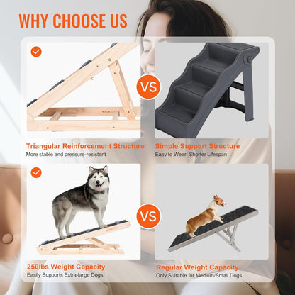 VEVOR Dog Ramp, Folding Pet Ramp for Bed, Adjustable Dog Ramp for Small, Large, Old Dogs & Cats, Wooden Pet Ramp with 39.3" Long Ramp, Adjustable from 15" to 22", Suitable for Couch, Sofa, Car