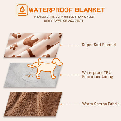 Waterproof Dog Blankets Pet Blanket 50"x60", Soft Fluffy Sofa Car Bed Protector, Reversible Sherpa Fleece Dog Blanket for Large Dogs (Dark Grey-Paws)