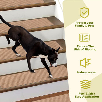 Stair Treads Non-Slip 16 Pack 8"x30" - Carpet Stair Runner for Indoor Wooden Steps with TPE Backing & Anti-Skid Surface, Reusable Adhesive Safety Rug for Kids/Elder/Pet-Friendly - Brown